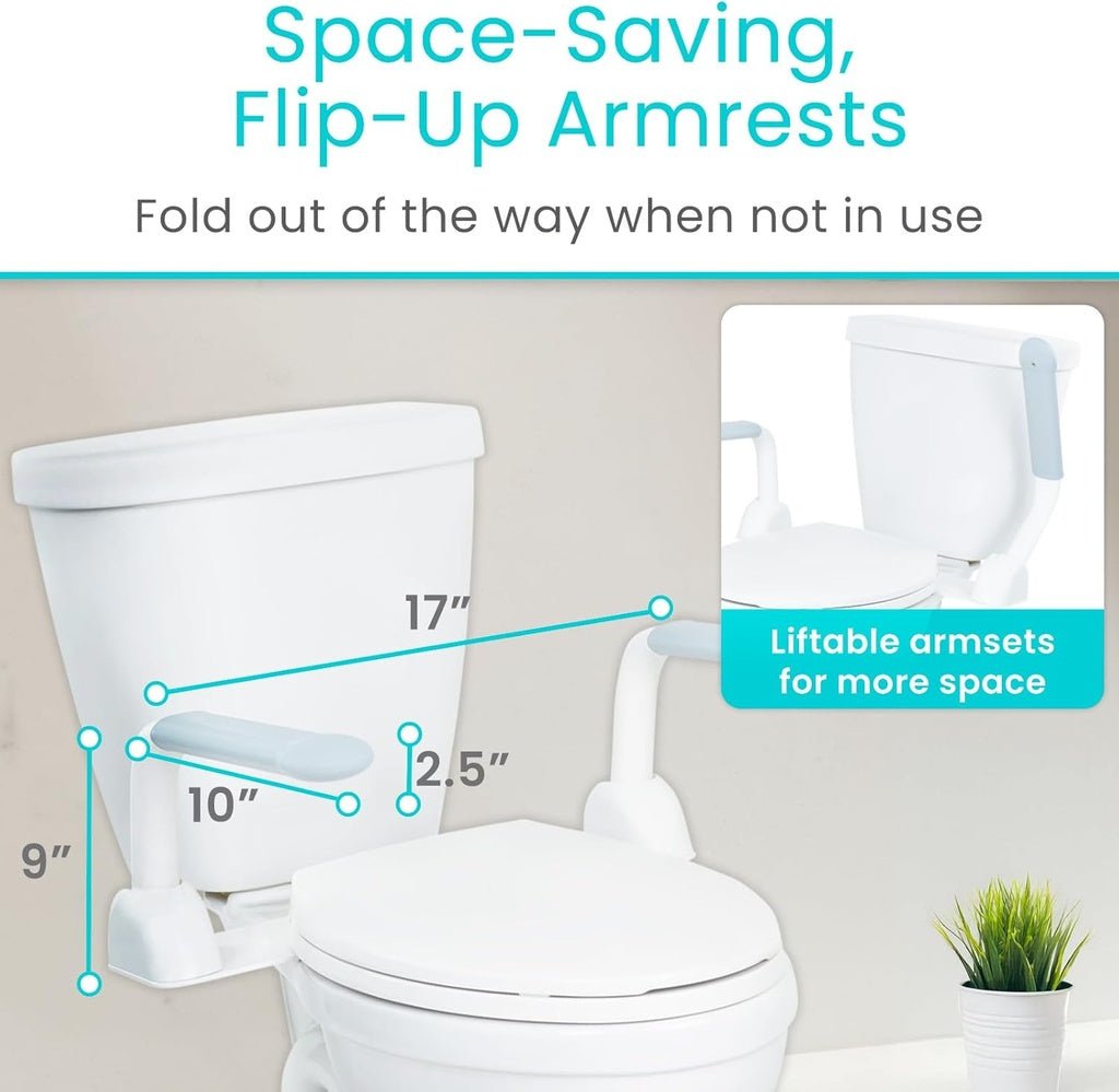 Toilet rail dimensions: 17 inches between arms, 10 by 2.5 inch armrests, 9 inch arm height; armrests flip up out of the way.