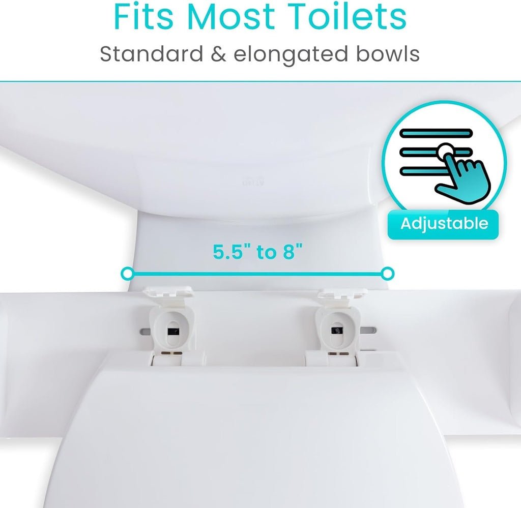 Toilet safety rail mounting plate adjusts to fit seat bolts 5.5 to 8 inches apart, for standard and elongated bowls.