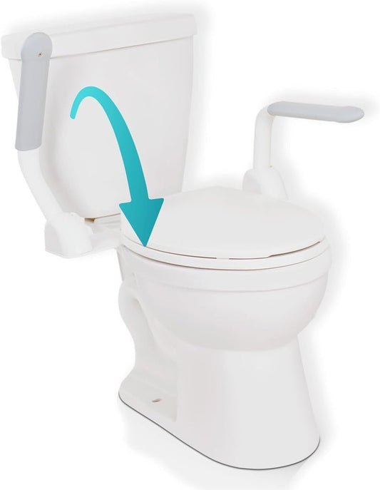 Vive Rise Up toilet safety rail bolted to a toilet, flip-up armrests on both sides turn the toilet into a chair with arms.