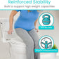 Woman pushing up from the toilet using the Vive rail armrests, rated to 450 lbs for reinforced stability.