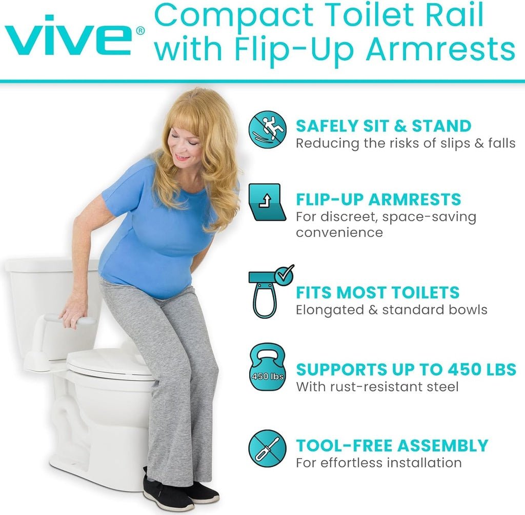Woman using the Vive toilet rail to sit down safely, with flip-up armrests, fits most toilets, supports up to 450 lbs.