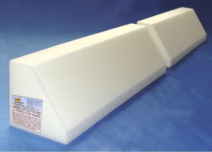 Two part foam bed bumper, two 20 inch white foam sections that line up under the fitted sheet to form a 40 inch bed edge guard