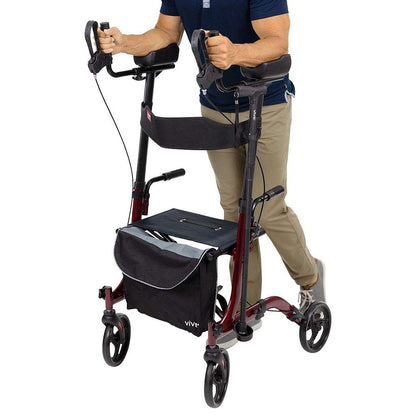 Upright Walker rollator with padded forearm rests raised to elbow height and a cushioned seat for resting during longer walks