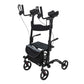 Black Upright Walker rollator alone showing the padded forearm rests, backrest strap, flip-down seat, storage bag, and eight-inch wheels