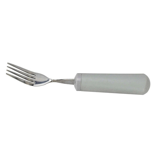 Weighted fork with a wide grey built-up handle, used to steady tremors while eating