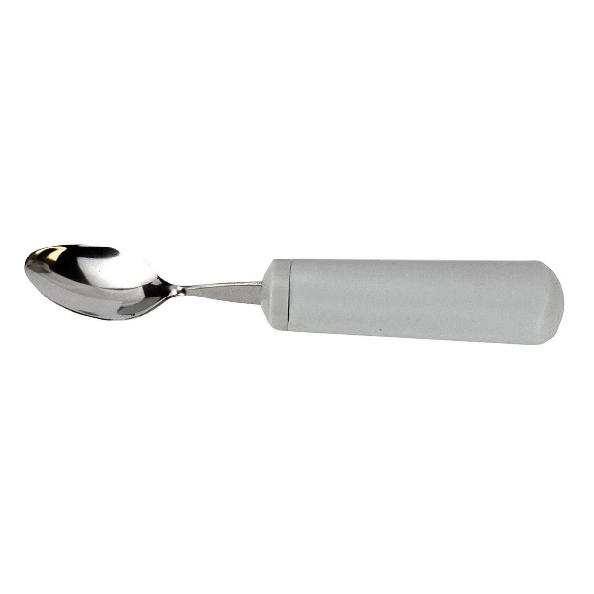 Weighted spoon with a wide grey built-up handle, used to steady tremors while eating