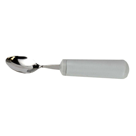 Weighted spoon with a wide grey built-up handle, used to steady tremors while eating