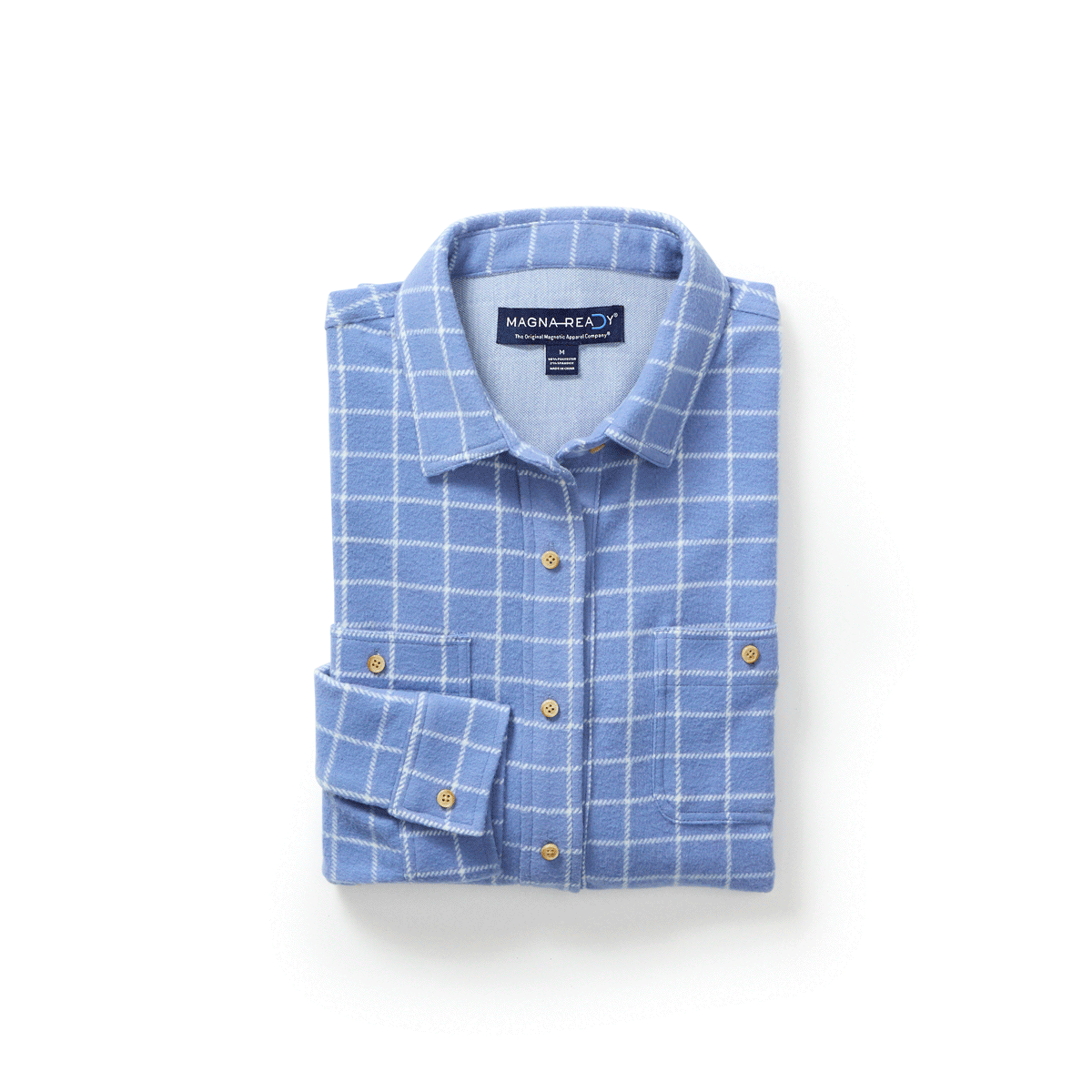 Folded light blue and white windowpane flannel shirt animating open to reveal the magnetic closure strip behind its buttons