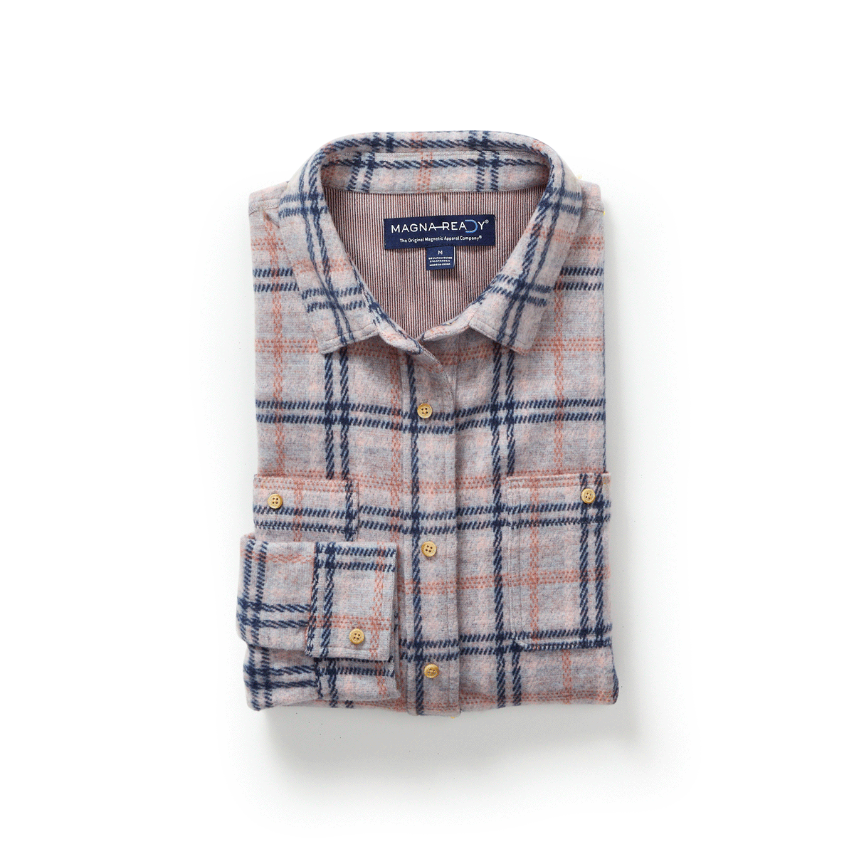 Folded grey flannel shirt with navy and peach plaid animating open to show its magnetic front placket and striped lining
