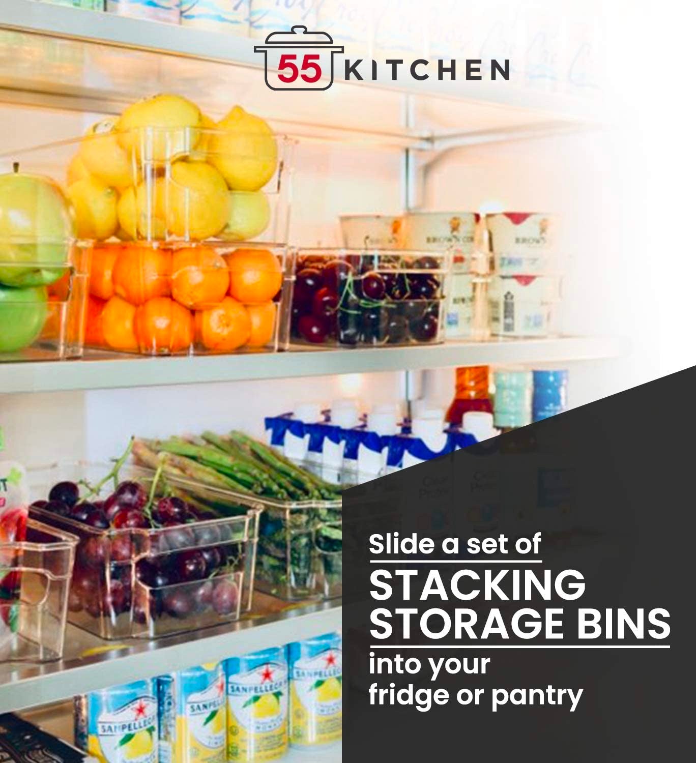stackable fridge bins pictured in large refrigerator with fruits and vegetables.
