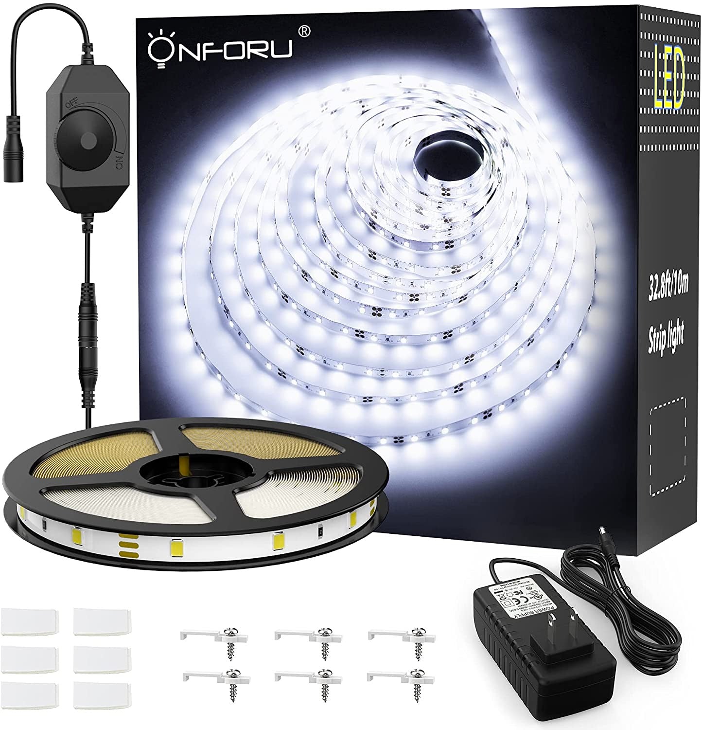 5000k LED strip lighting pictured with contents of the box