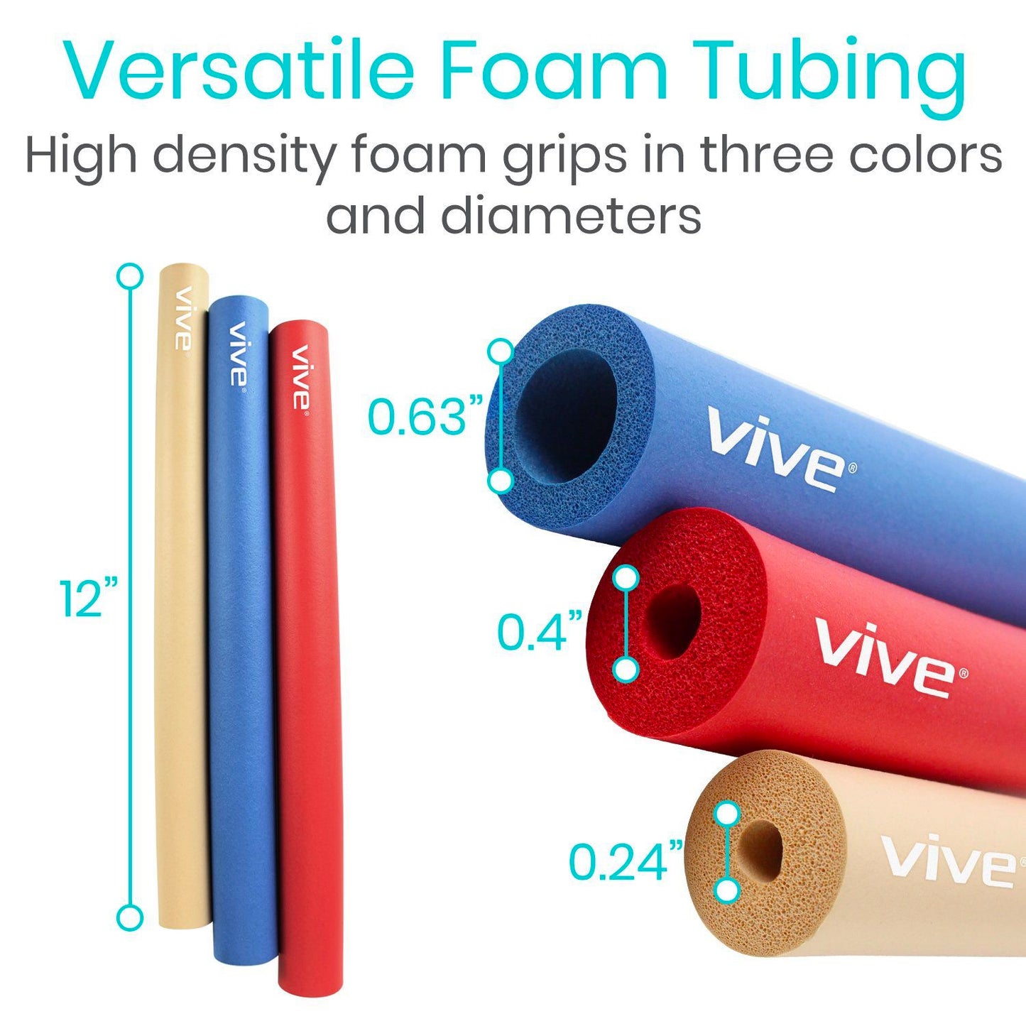 foam tubing with dimensions presented. 3 sizes with diameters of .63", .4" and .24"