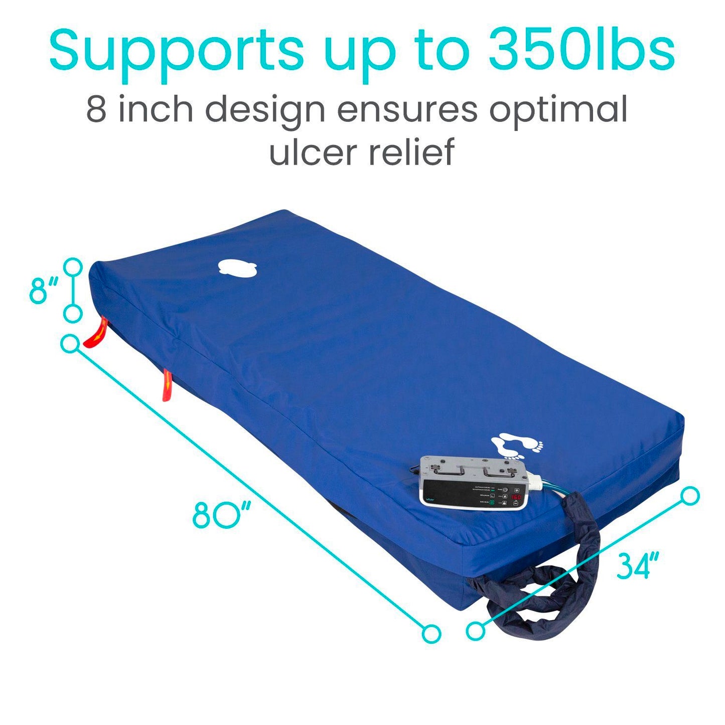 Alternate pressure low air loss 8" mattress supports up to 350 pounds