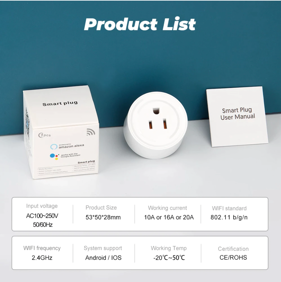 smart plug pictured with product details