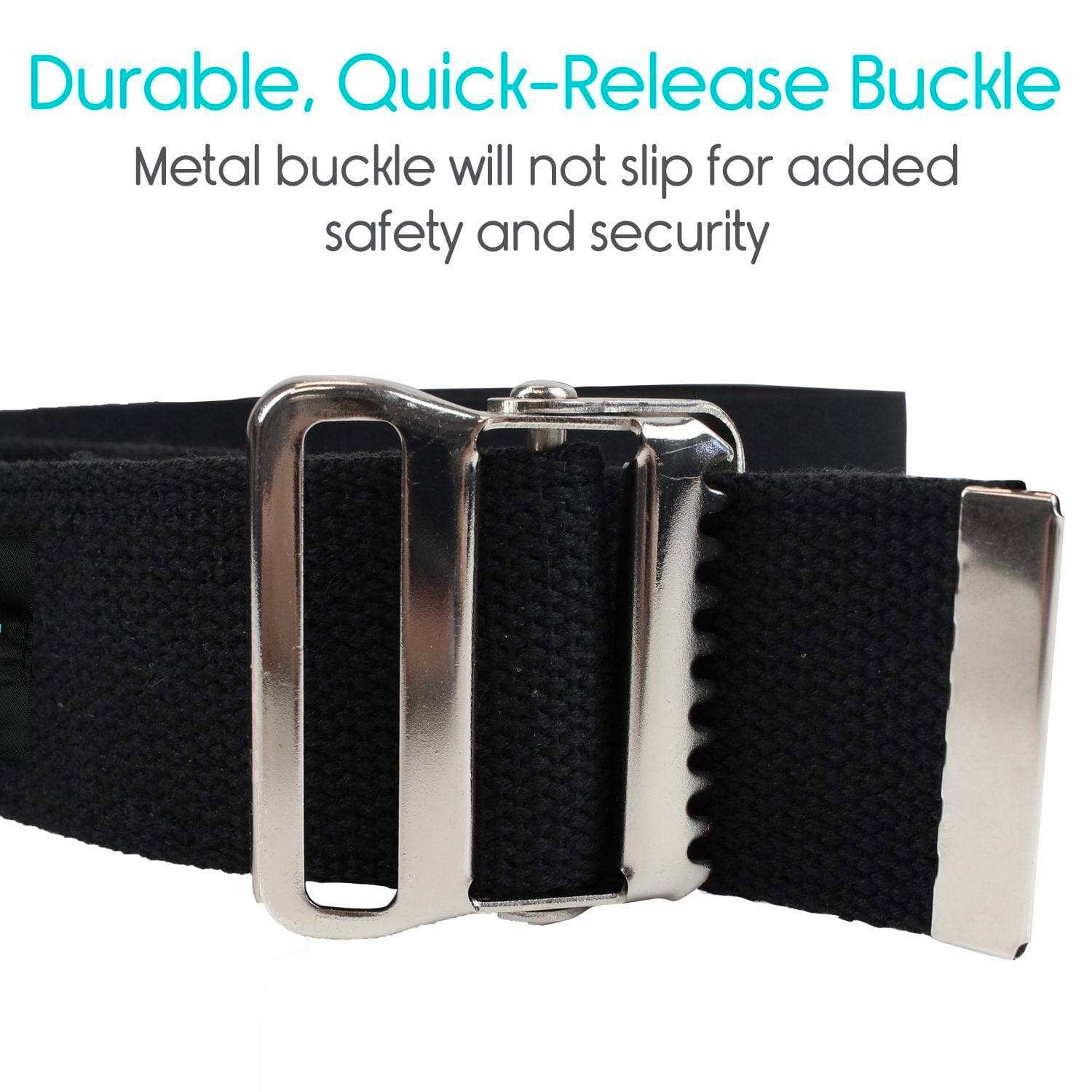 60" gait belt with durable, quick-release buckle highlighted