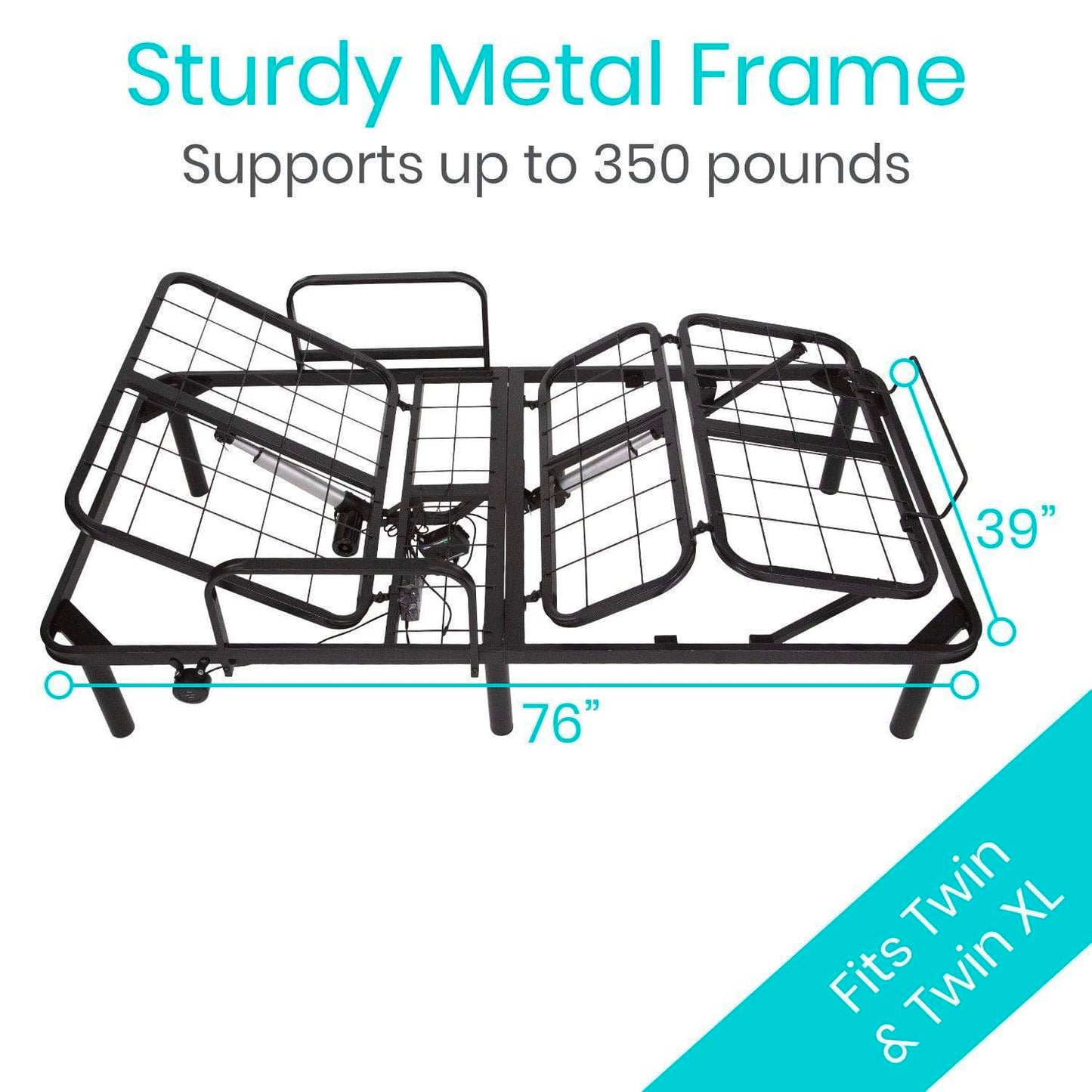 adjustable twin sized bed frame with head and knees up, supports up to 350 pounds