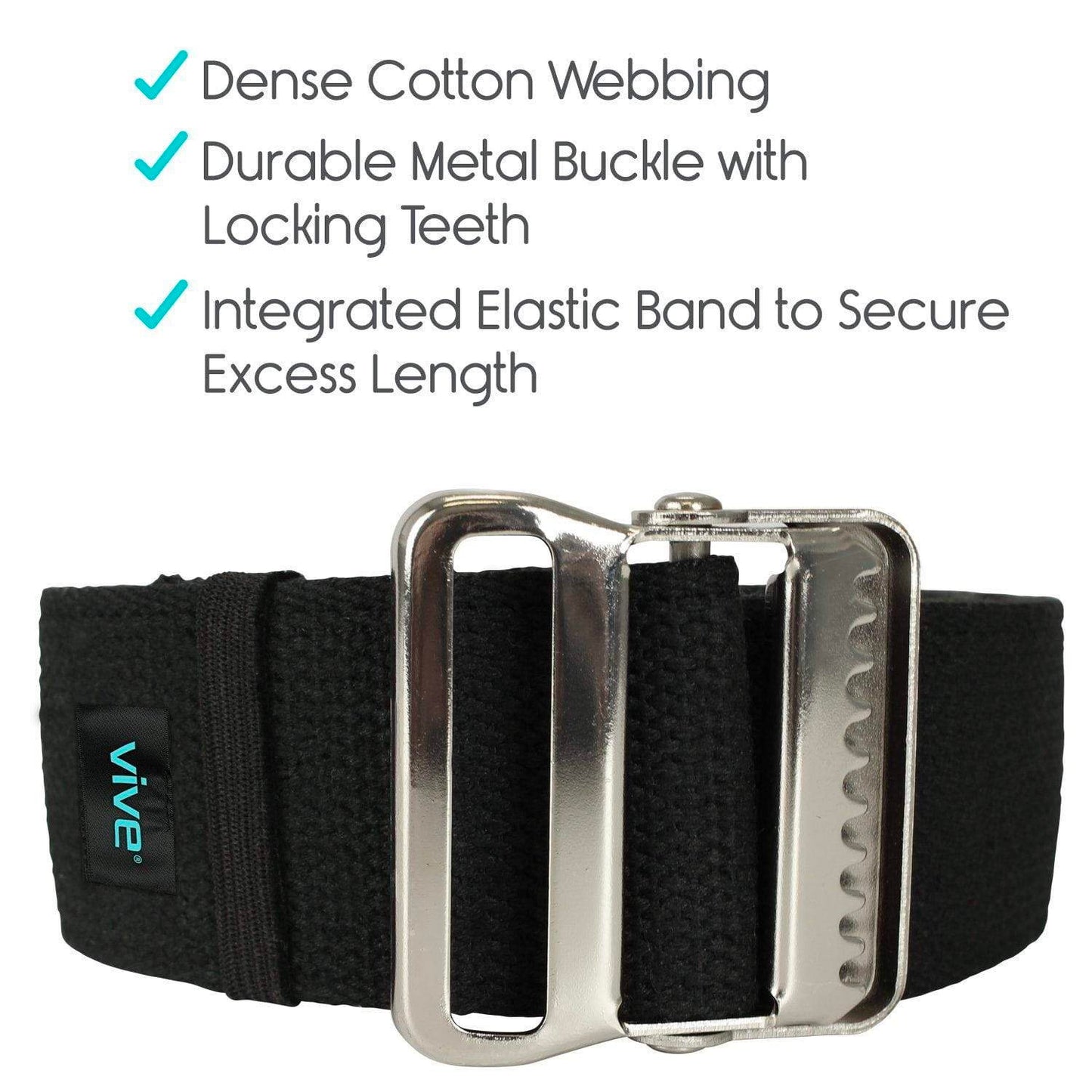 60" gait belt has dense cotton webbing, durable metal buckle with locking teeth