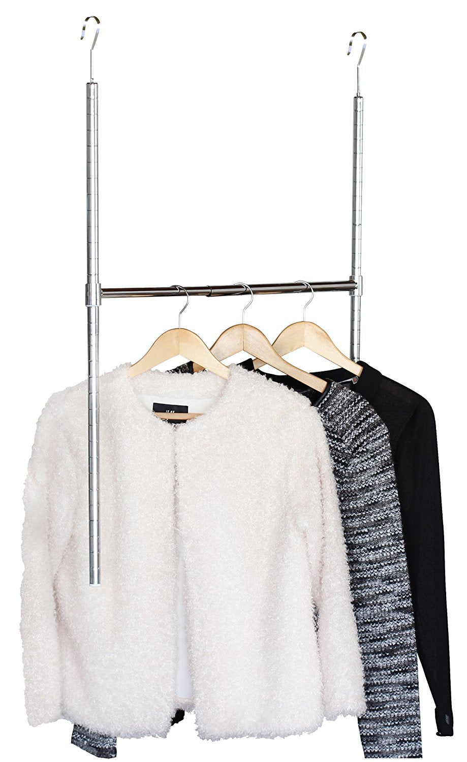 adjustable closet extender pictured with 3 sweaters hanging