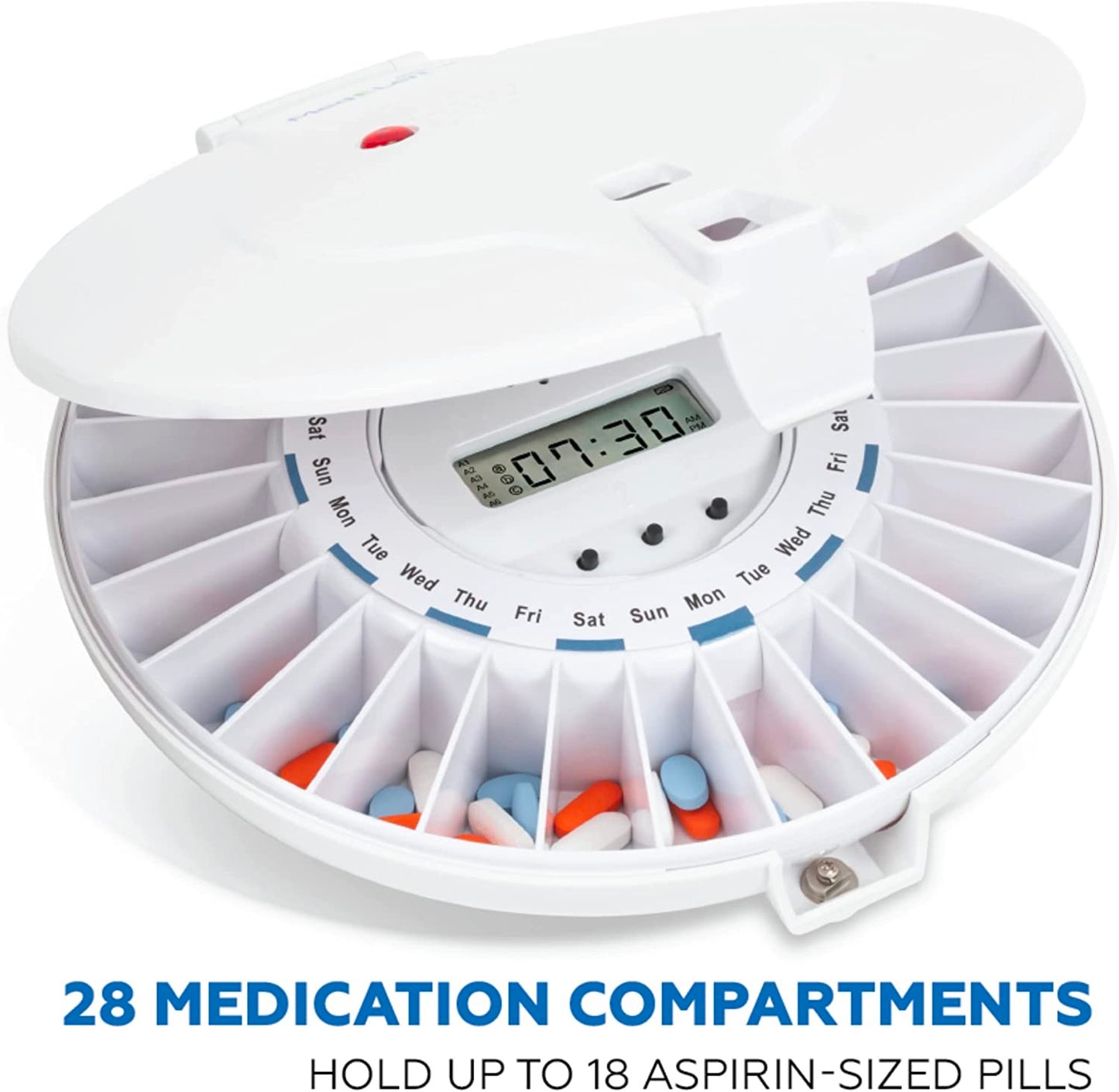 automatic pill dispenser partially open demonstrating 28 medication compartments