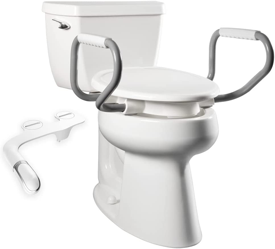 elevated toilet seat with bidet and handles