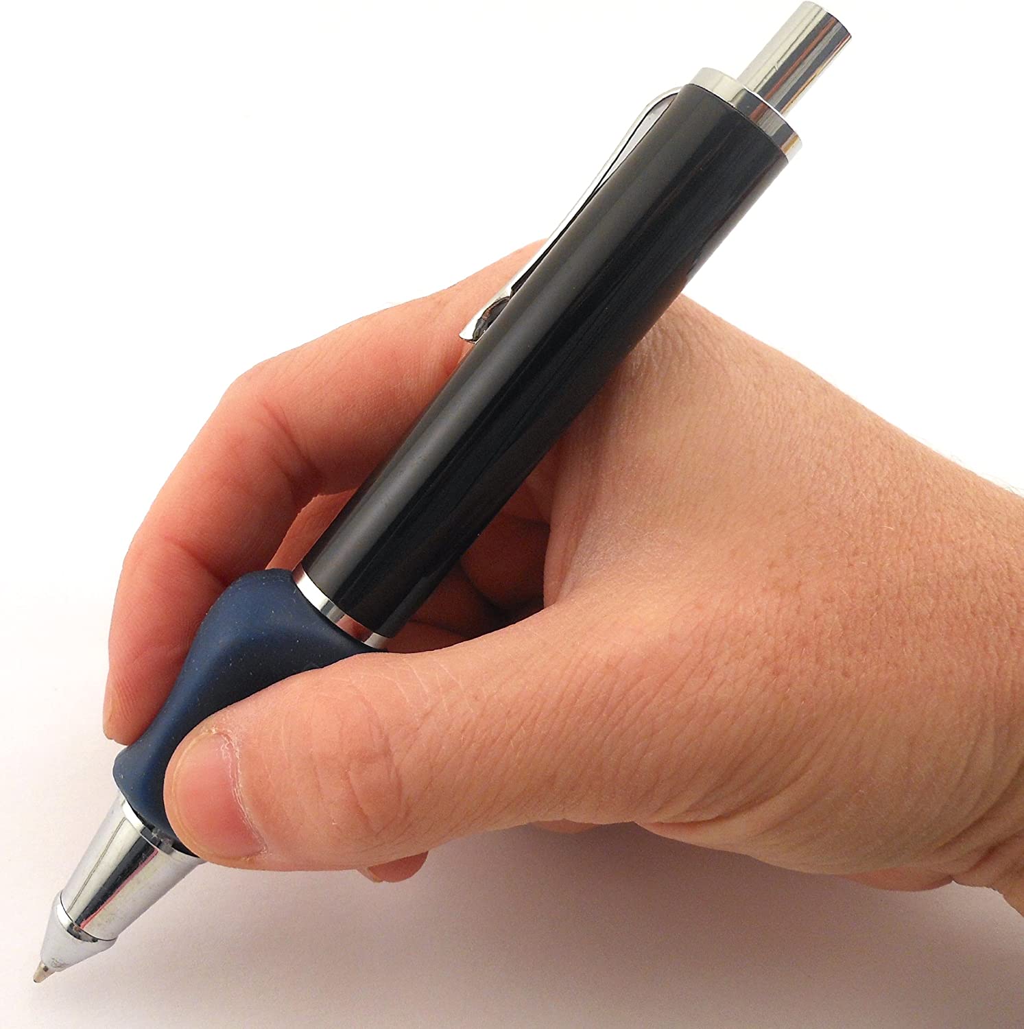 person writing with pencil grip heavy weight pen