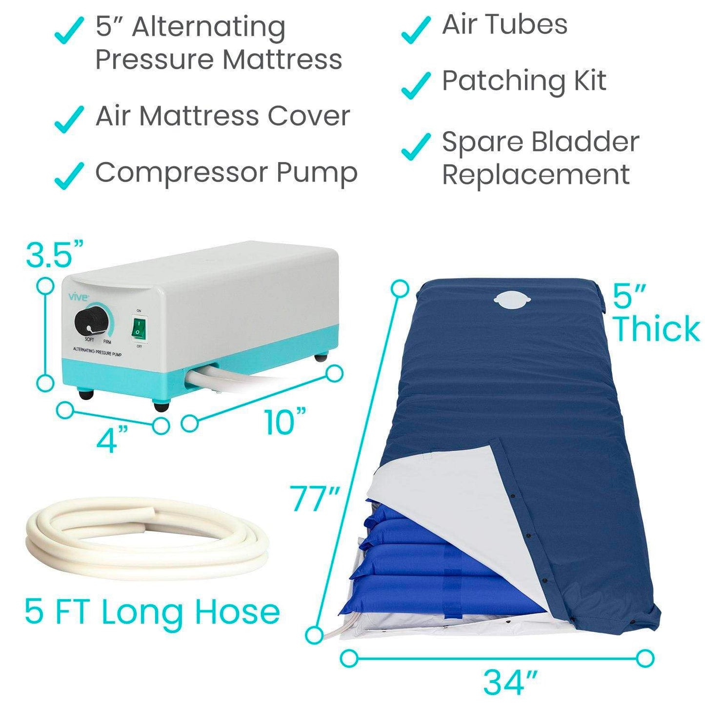 Alternate pressure low air loss 8" mattress pad  comes with pump, cover, pathing kit and spare bladder replacement