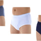 3 pk men's reusable incontinence briefs pictured in denim, white and navy from AskSAMIE