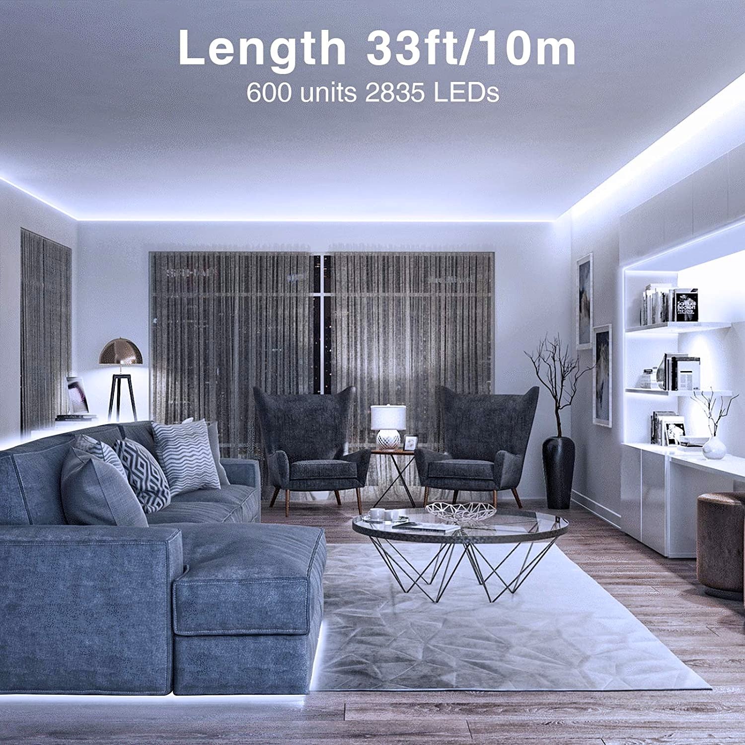 5000k led lights pictured in use under a couch, inside of shelving and around the ceiling