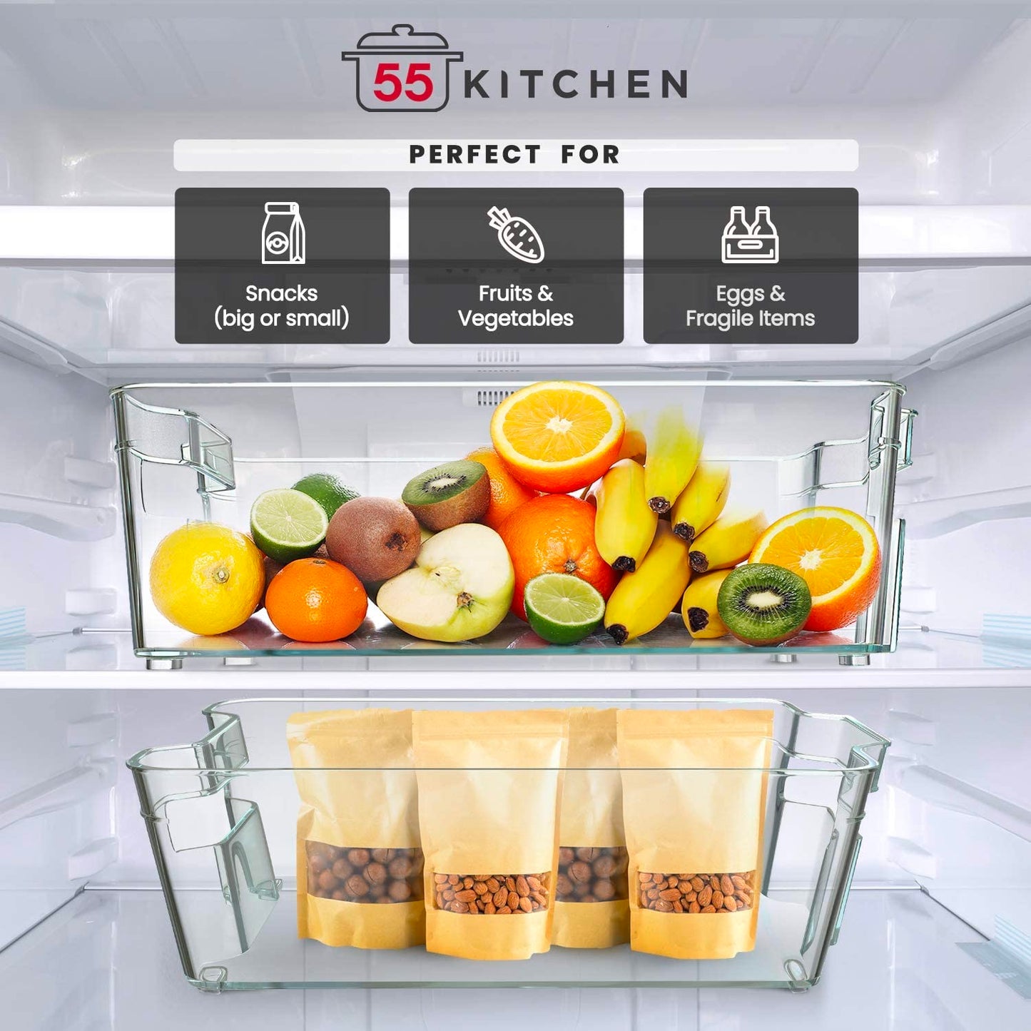 stackable fridge bins pictured in the refrigerator. perfect for snacks, fruits and veggies and fragile items