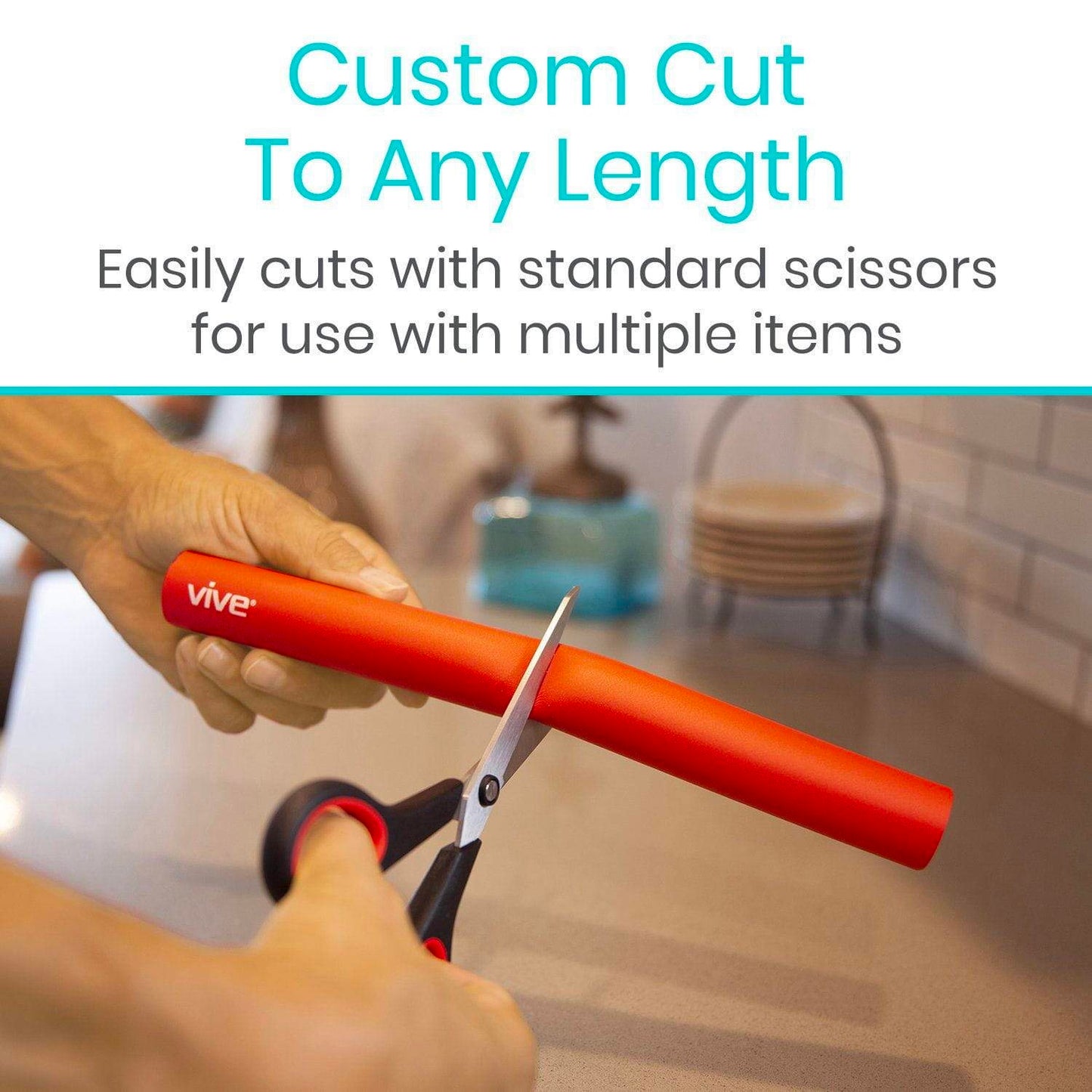 foam tubing pictured with a person cutting it with scissors