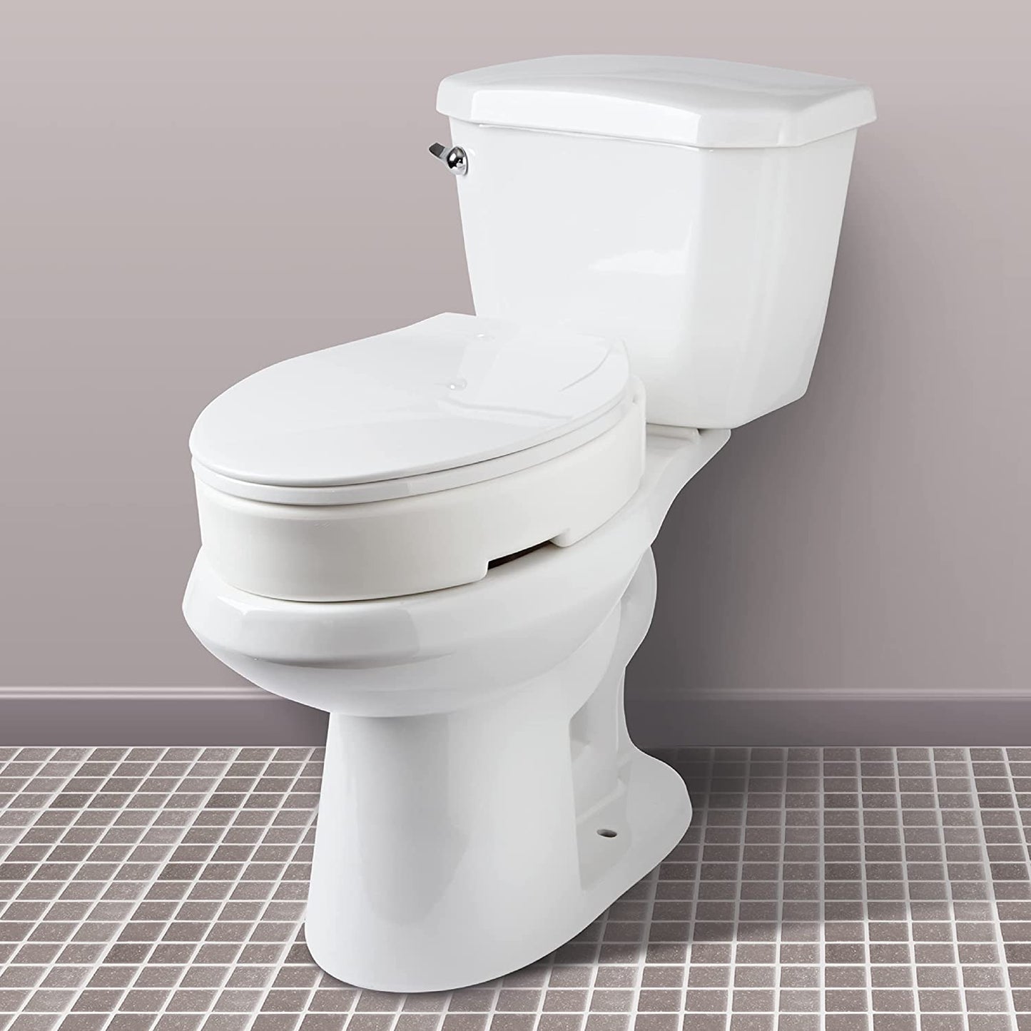 round elevated toilet seat on toilet